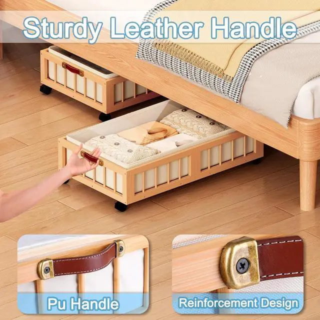 Alt view image 4 of 7 - efluky 2-Pack Bamboo Under Bed Storage Containers with Wheels, Under Bed Clothes Storage Basket with Large Dust Bag, Rolling UnderBed Storage for Bedroom, Dorm and Basement, Nature