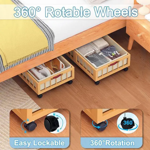 Alt view image 3 of 7 - efluky 2-Pack Bamboo Under Bed Storage Containers with Wheels, Under Bed Clothes Storage Basket with Large Dust Bag, Rolling UnderBed Storage for Bedroom, Dorm and Basement, Nature