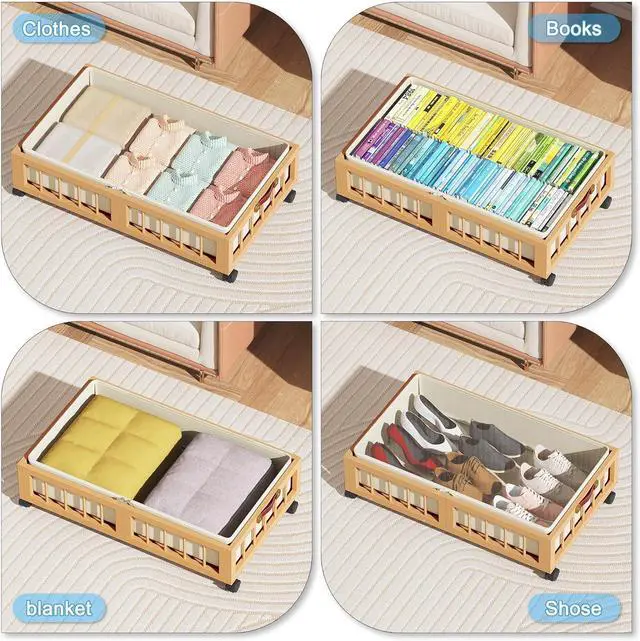 Alt view image 6 of 7 - efluky 2-Pack Bamboo Under Bed Storage Containers with Wheels, Under Bed Clothes Storage Basket with Large Dust Bag, Rolling UnderBed Storage for Bedroom, Dorm and Basement, Nature