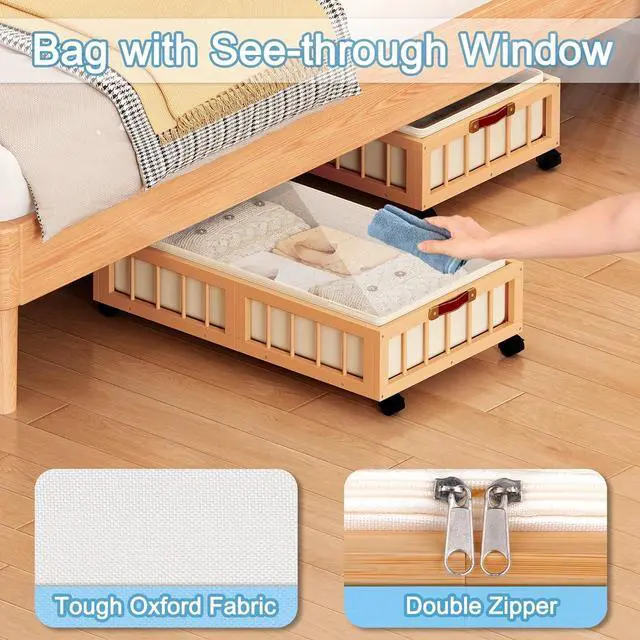Alt view image 5 of 7 - efluky 2-Pack Bamboo Under Bed Storage Containers with Wheels, Under Bed Clothes Storage Basket with Large Dust Bag, Rolling UnderBed Storage for Bedroom, Dorm and Basement, Nature