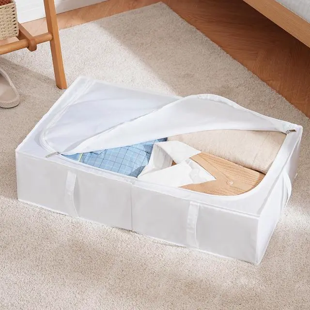 Alt view image 3 of 7 - TYEERS Under Bed Storage Containers, Durable Fabric, Washable, Collapsible, Under Bed Storage Bins for Clothes, Blankets, Sheets, Shoes, 27.5x16.5x7 Inches, 4-Pack, White