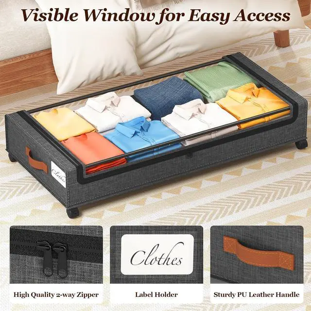 Alt view image 5 of 7 - Yecaye Under Bed Storage with Wheels 2 Pack, 65L Large Capacity Under Bed Storage Containers with Metal Frame & Clear Lid, Rolling Underbed Organizer Bins Drawers for Clothes, Shoes, Blankets, Grey