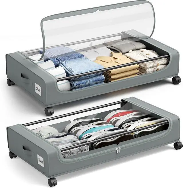 Main image of Under Bed Storage Containers with Clear Lid, Large Under Bed Storage with Wheels,6.22"H Under Bed Containers Rolling Under Bed Cart, Fabric & Metal Frame Under Bed Drawer for Clothes;Grey, 2 Pack