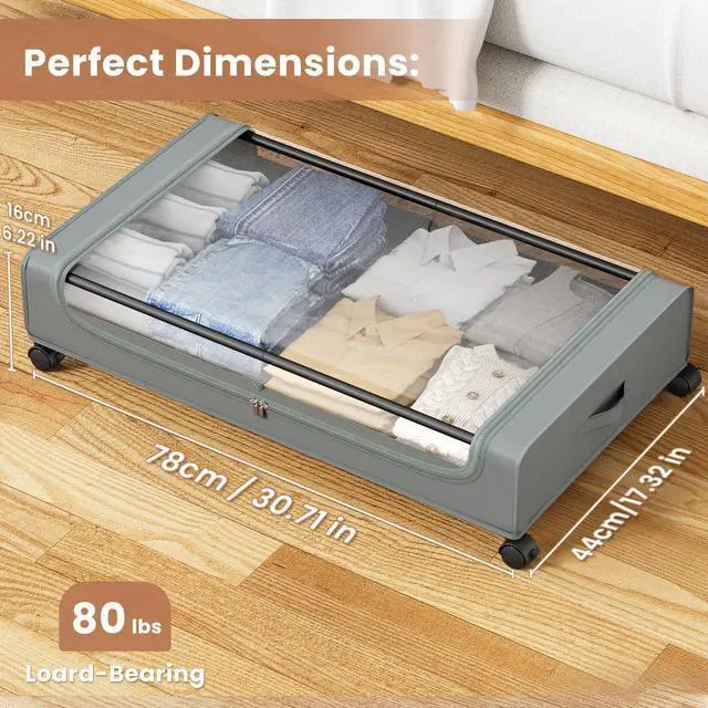 Alt view image 2 of 7 - Under Bed Storage Containers with Clear Lid, Large Under Bed Storage with Wheels,6.22"H Under Bed Containers Rolling Under Bed Cart, Fabric & Metal Frame Under Bed Drawer for Clothes;Grey, 2 Pack