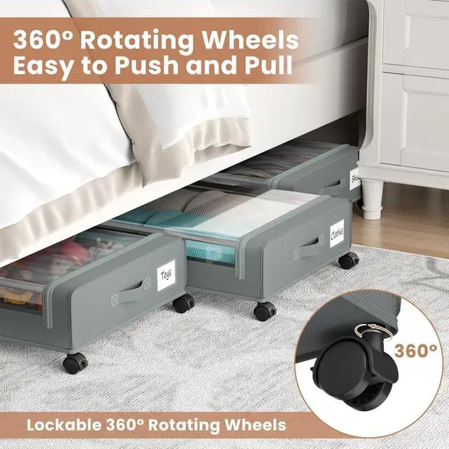 Alt view image 3 of 7 - Under Bed Storage Containers with Clear Lid, Large Under Bed Storage with Wheels,6.22"H Under Bed Containers Rolling Under Bed Cart, Fabric & Metal Frame Under Bed Drawer for Clothes;Grey, 2 Pack