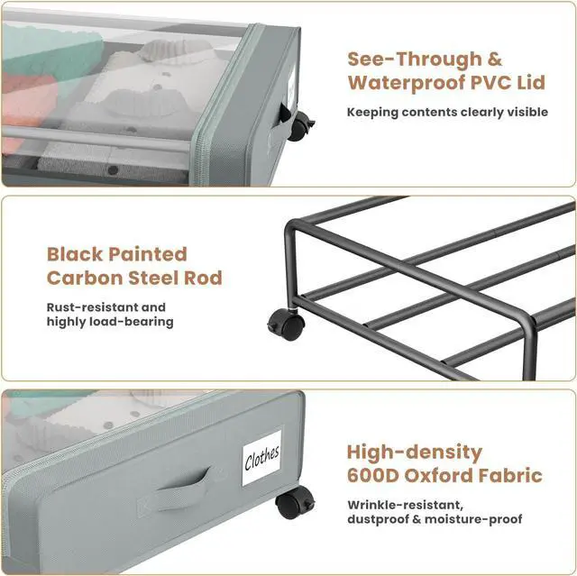 Alt view image 4 of 7 - Under Bed Storage Containers with Clear Lid, Large Under Bed Storage with Wheels,6.22"H Under Bed Containers Rolling Under Bed Cart, Fabric & Metal Frame Under Bed Drawer for Clothes;Grey, 2 Pack