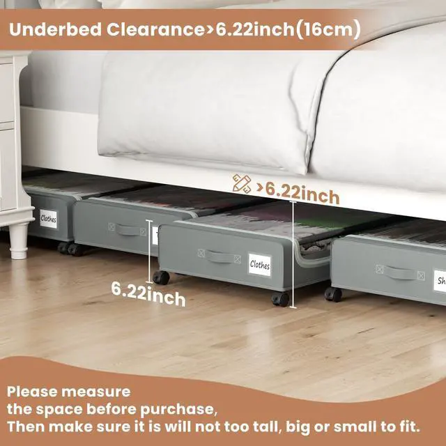Alt view image 5 of 7 - Under Bed Storage Containers with Clear Lid, Large Under Bed Storage with Wheels,6.22"H Under Bed Containers Rolling Under Bed Cart, Fabric & Metal Frame Under Bed Drawer for Clothes;Grey, 2 Pack