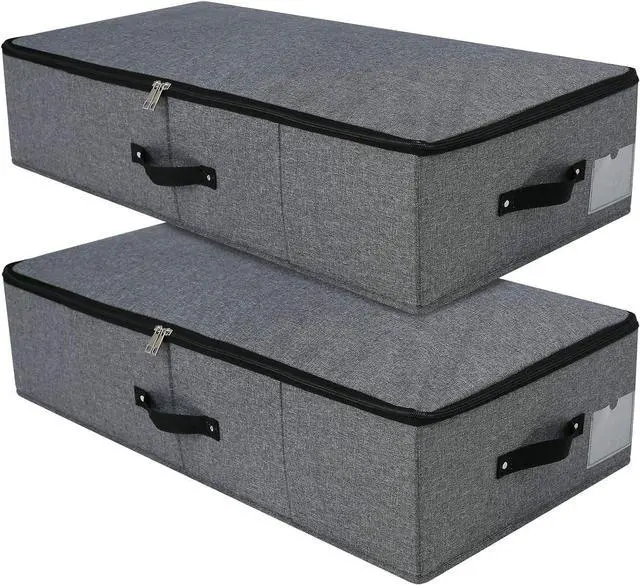Main image of 2PCS Foldable Under Bed Storage Box with Plastic Support Liner, Handles, Zipper lid, Blankets Clothes Comforters Storage Bin Organizer for Bedroom and Closet, 29×15×7inch, Black Grey