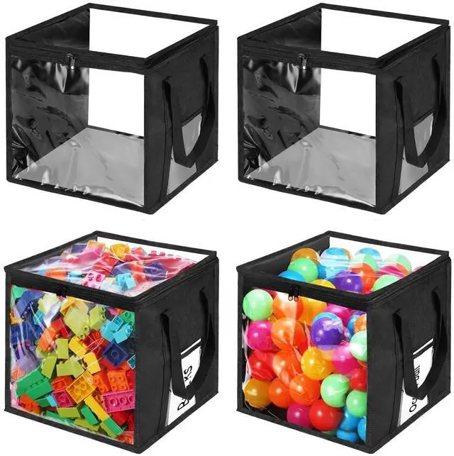 Main image of 4 Packs Large Toy Storage Bins 12" Clear Zippered Storage Bags with Handles, Transparent PVC Storage Bags, Foldable Cube Storage Organizer for Building Blocks, Toys, Clothes,Towel, Kids Playroom
