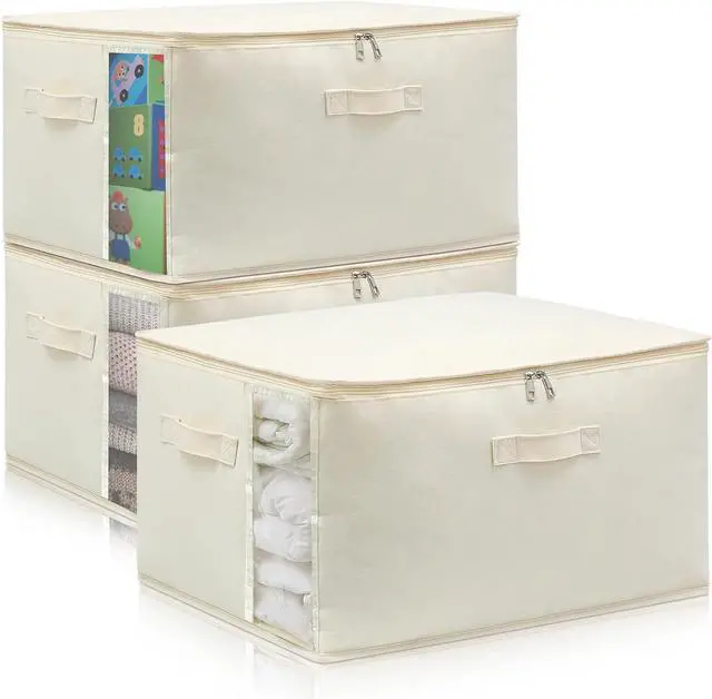Main image of Canvas Comforters Bags Closet Organizers and Storage for Quilts Clothes Organization Containers Bins with Sturdy Zipper, Clear Window 75L for Sweaters Blankets Storage Bedroom Collapsible