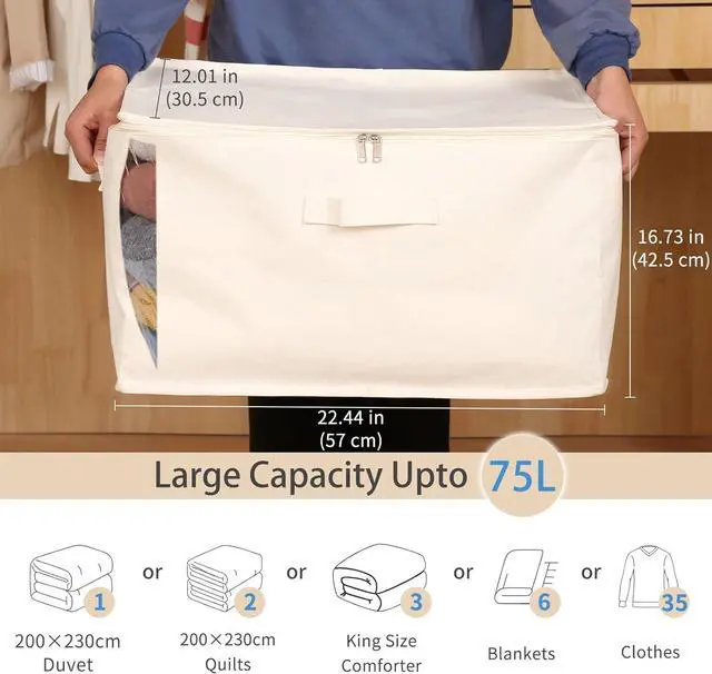 Alt view image 2 of 7 - Canvas Comforters Bags Closet Organizers and Storage for Quilts Clothes Organization Containers Bins with Sturdy Zipper, Clear Window 75L for Sweaters Blankets Storage Bedroom Collapsible