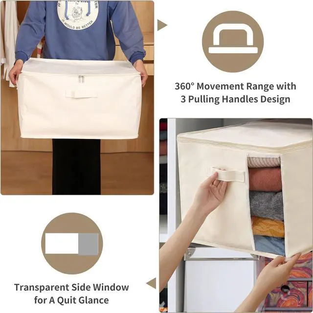 Alt view image 4 of 7 - Canvas Comforters Bags Closet Organizers and Storage for Quilts Clothes Organization Containers Bins with Sturdy Zipper, Clear Window 75L for Sweaters Blankets Storage Bedroom Collapsible