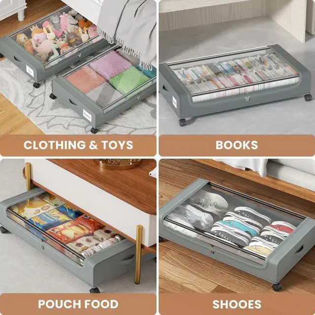 Alt view image 6 of 7 - Under Bed Storage Containers with Clear Lid, Large Under Bed Storage with Wheels,6.22"H Under Bed Containers Rolling Under Bed Cart, Fabric & Metal Frame Under Bed Drawer for Clothes;Grey, 2 Pack