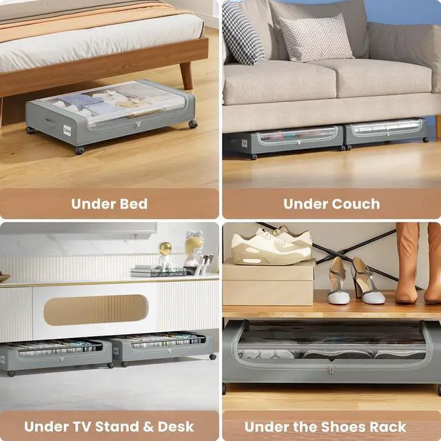 Alt view image 7 of 7 - Under Bed Storage Containers with Clear Lid, Large Under Bed Storage with Wheels,6.22"H Under Bed Containers Rolling Under Bed Cart, Fabric & Metal Frame Under Bed Drawer for Clothes;Grey, 2 Pack