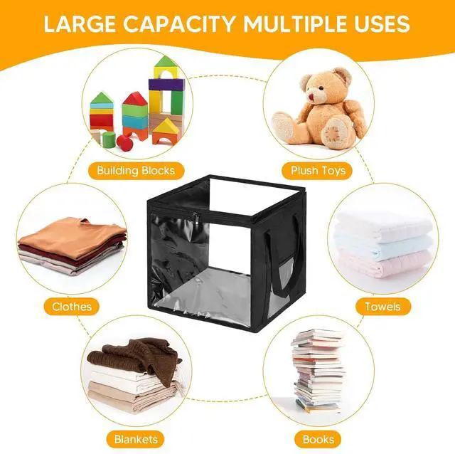 Alt view image 4 of 7 - 4 Packs Large Toy Storage Bins 12" Clear Zippered Storage Bags with Handles, Transparent PVC Storage Bags, Foldable Cube Storage Organizer for Building Blocks, Toys, Clothes,Towel, Kids Playroom
