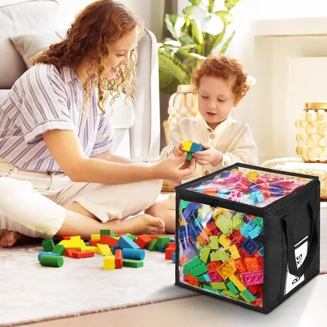 Alt view image 6 of 7 - 4 Packs Large Toy Storage Bins 12" Clear Zippered Storage Bags with Handles, Transparent PVC Storage Bags, Foldable Cube Storage Organizer for Building Blocks, Toys, Clothes,Towel, Kids Playroom