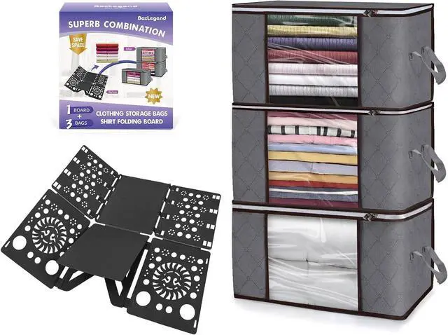 Main image of BoxLegend Shirt Folder V3 and Clothes Storage Bags 90L 3 Pack Shirt Folding Board Easy and Fast Folding Clothes Folding Board Durable Clothes Storage with Handles for Clothing
