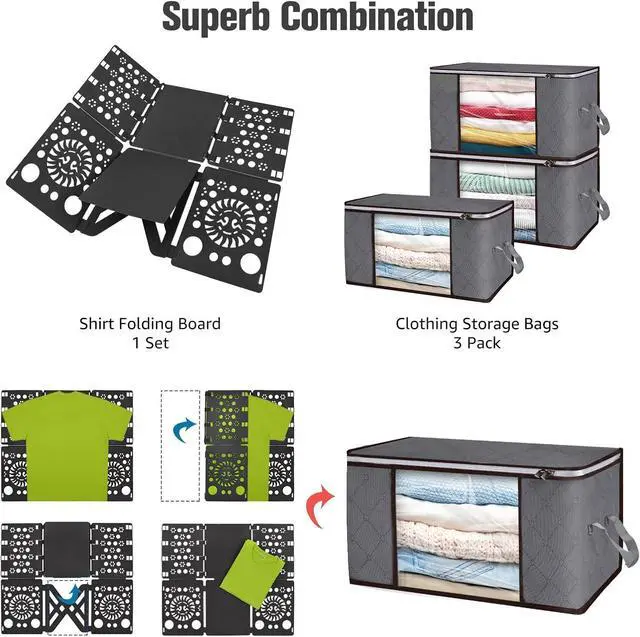 Alt view image 2 of 7 - BoxLegend Shirt Folder V3 and Clothes Storage Bags 90L 3 Pack Shirt Folding Board Easy and Fast Folding Clothes Folding Board Durable Clothes Storage with Handles for Clothing