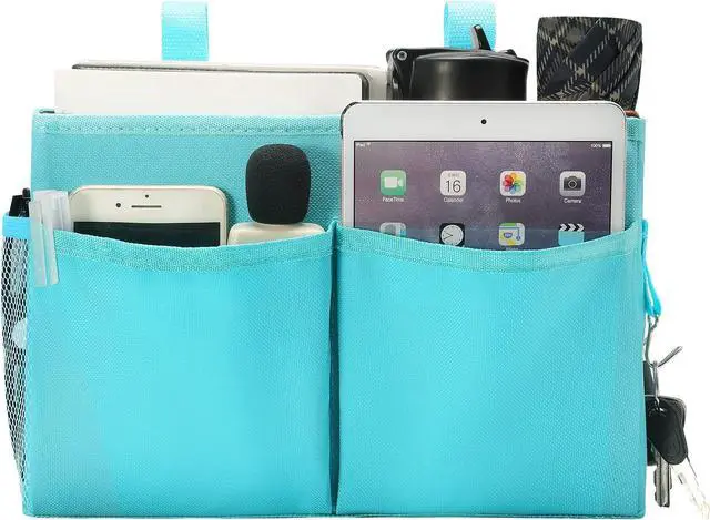 Main image of Bunk Bed Organizer, Bedside Caddy Hanging Bed Organizer Storage Bag with 4 Pockets and 2 Hooks, for College Dorm Rooms Bed, Hospital Bed, Baby Bed Rails, 600D Oxford Cloth (Light Blue)