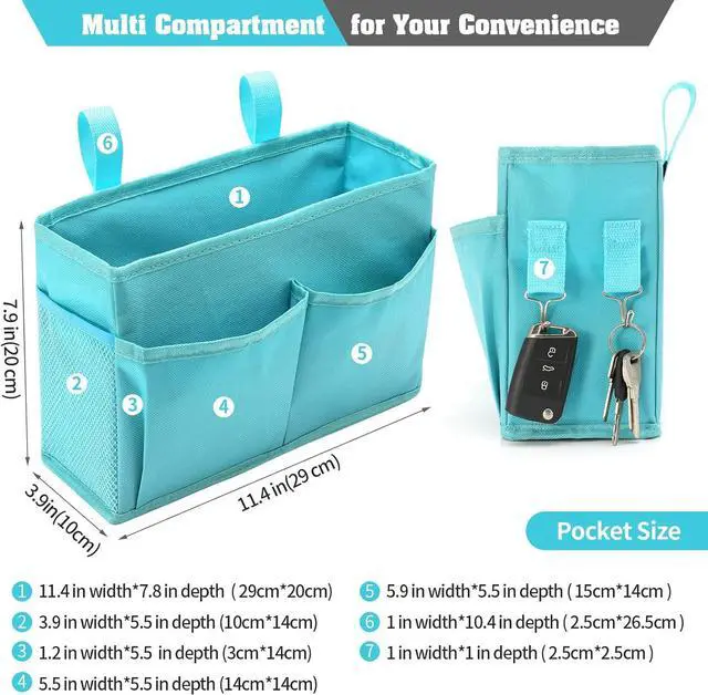 Alt view image 2 of 6 - Bunk Bed Organizer, Bedside Caddy Hanging Bed Organizer Storage Bag with 4 Pockets and 2 Hooks, for College Dorm Rooms Bed, Hospital Bed, Baby Bed Rails, 600D Oxford Cloth (Light Blue)