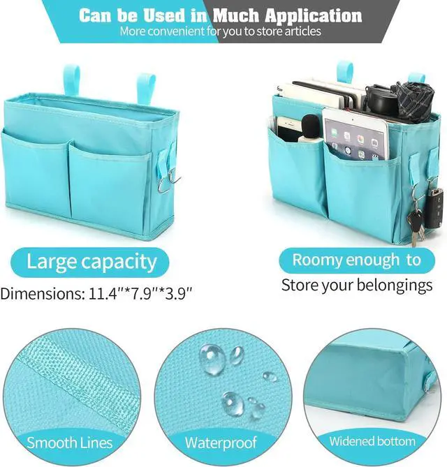 Alt view image 3 of 6 - Bunk Bed Organizer, Bedside Caddy Hanging Bed Organizer Storage Bag with 4 Pockets and 2 Hooks, for College Dorm Rooms Bed, Hospital Bed, Baby Bed Rails, 600D Oxford Cloth (Light Blue)