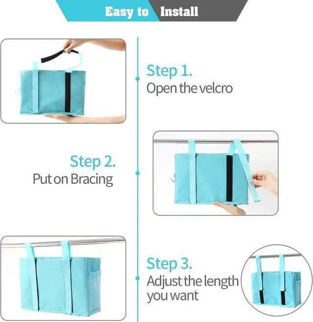 Alt view image 5 of 6 - Bunk Bed Organizer, Bedside Caddy Hanging Bed Organizer Storage Bag with 4 Pockets and 2 Hooks, for College Dorm Rooms Bed, Hospital Bed, Baby Bed Rails, 600D Oxford Cloth (Light Blue)