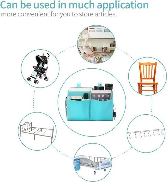 Alt view image 6 of 6 - Bunk Bed Organizer, Bedside Caddy Hanging Bed Organizer Storage Bag with 4 Pockets and 2 Hooks, for College Dorm Rooms Bed, Hospital Bed, Baby Bed Rails, 600D Oxford Cloth (Light Blue)