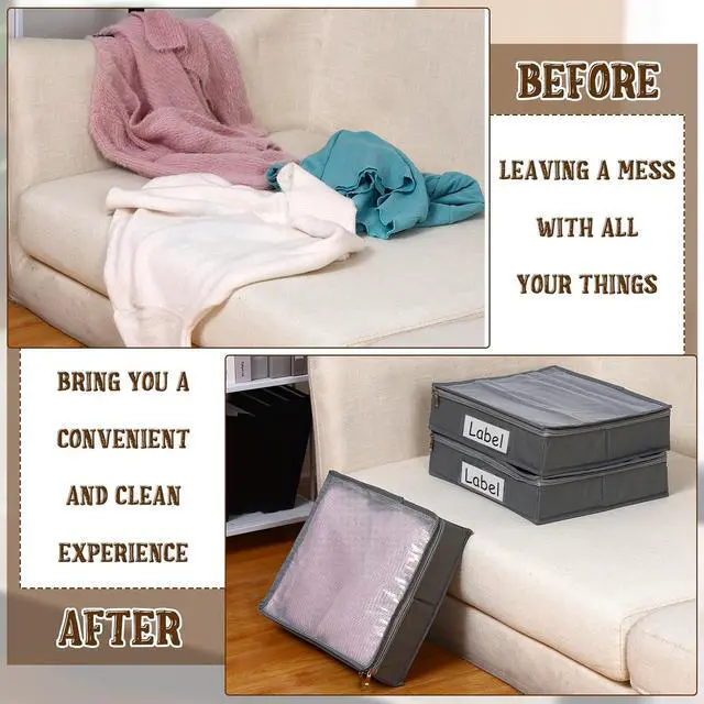 Alt view image 4 of 7 - Panelee 6 Pcs 14 x 12 x 3 Inch Sweater Storage Bags Easy Gliding Zippered Sweater Package Organizer Closets Under The Bed Zippered Storage Bags with Label Pocket to Avoid Dust Dirt(Gray)
