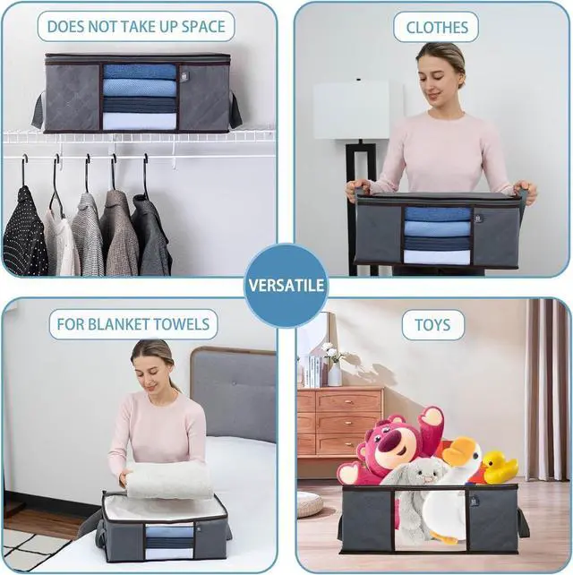 Alt view image 3 of 7 - VENO 3 Pack Medium Clothes Storage Bag Organizer with Reinforced Handle Thick Fabric for Comforters, Blankets, Bedding, Foldable with Sturdy Zipper, Clear Window, Grey, Reusable (9.5 Gallon)