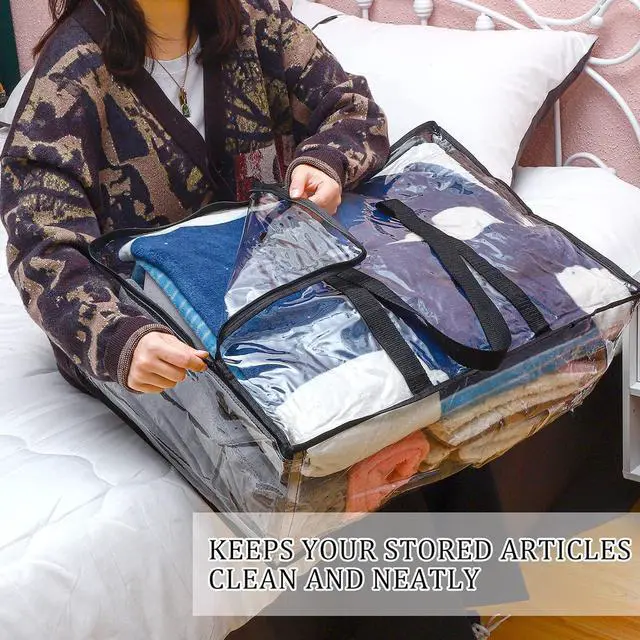 Alt view image 4 of 7 - 8 Pcs Clear Zippered Storage Bags Closet Organizer Vinyl Bag with Reinforced Handle Clothes Storage Organizer Transparent Moving Bags Totes for Bedding Linen. (60 L, 23.6x16.5x9.5 In, Clear, Black)