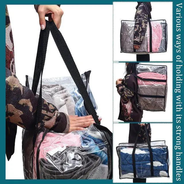 Alt view image 5 of 7 - 8 Pcs Clear Zippered Storage Bags Closet Organizer Vinyl Bag with Reinforced Handle Clothes Storage Organizer Transparent Moving Bags Totes for Bedding Linen. (60 L, 23.6x16.5x9.5 In, Clear, Black)