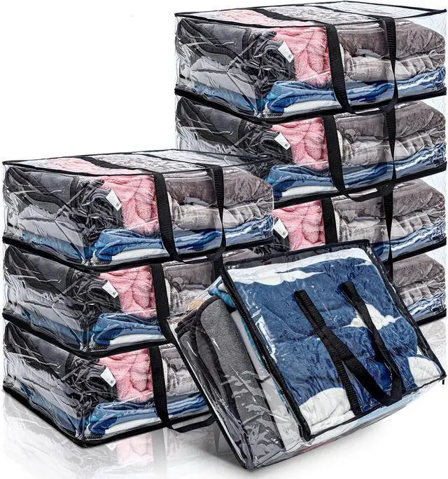 Main image of 8 Pcs Clear Zippered Storage Bags Closet Organizer Vinyl Bag with Reinforced Handle Clothes Storage Organizer Transparent Moving Bags Totes for Bedding Linen. (60 L, 23.6x16.5x9.5 In, Clear, Black)