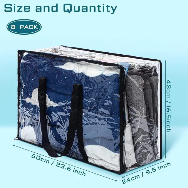 Alt view image 2 of 7 - 8 Pcs Clear Zippered Storage Bags Closet Organizer Vinyl Bag with Reinforced Handle Clothes Storage Organizer Transparent Moving Bags Totes for Bedding Linen. (60 L, 23.6x16.5x9.5 In, Clear, Black)
