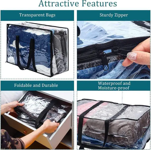 Alt view image 3 of 7 - 8 Pcs Clear Zippered Storage Bags Closet Organizer Vinyl Bag with Reinforced Handle Clothes Storage Organizer Transparent Moving Bags Totes for Bedding Linen. (60 L, 23.6x16.5x9.5 In, Clear, Black)