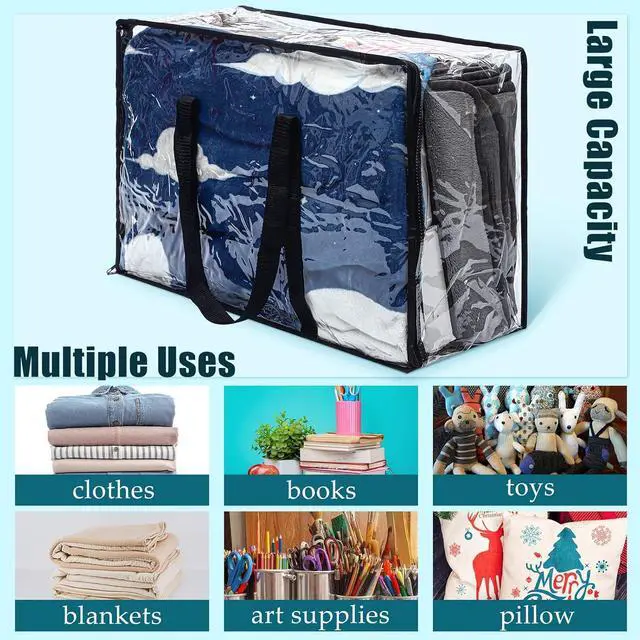 Alt view image 7 of 7 - 8 Pcs Clear Zippered Storage Bags Closet Organizer Vinyl Bag with Reinforced Handle Clothes Storage Organizer Transparent Moving Bags Totes for Bedding Linen. (60 L, 23.6x16.5x9.5 In, Clear, Black)