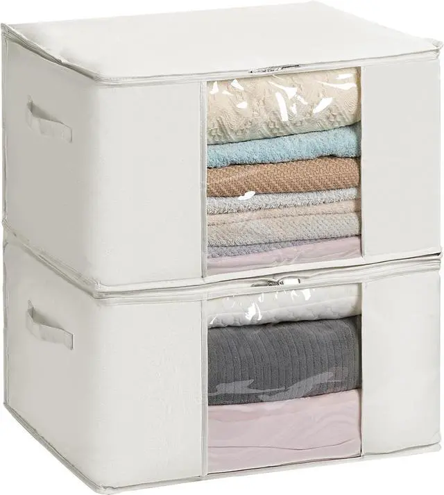 Main image of TYEERS Large Storage Bags with Zipper and Clear Window, Cotton Blended Fabric Storage Containers for Seasonal Clothes and Bedding, 23.6x15.7x13.8 Inches, 2-Pack, Beige