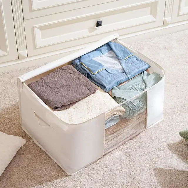 Alt view image 3 of 7 - TYEERS Large Storage Bags with Zipper and Clear Window, Cotton Blended Fabric Storage Containers for Seasonal Clothes and Bedding, 23.6x15.7x13.8 Inches, 2-Pack, Beige