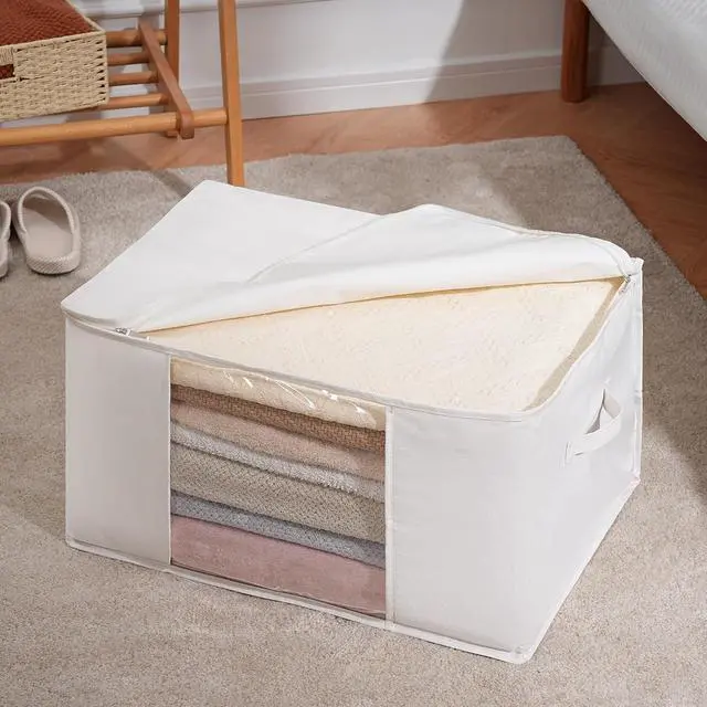 Alt view image 4 of 7 - TYEERS Large Storage Bags with Zipper and Clear Window, Cotton Blended Fabric Storage Containers for Seasonal Clothes and Bedding, 23.6x15.7x13.8 Inches, 2-Pack, Beige