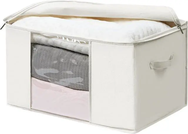 Alt view image 6 of 7 - TYEERS Large Storage Bags with Zipper and Clear Window, Cotton Blended Fabric Storage Containers for Seasonal Clothes and Bedding, 23.6x15.7x13.8 Inches, 2-Pack, Beige