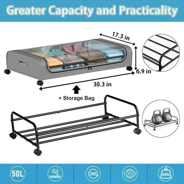 Main image of OTAVILEM Under Bed Storage with Wheels, 2-Pack Under Bed Storage Containers with Clear Lids, Under Bed Shoe Storage Organizer, Rolling Under Bed Metal Drawer for Clothes,Toys (Grey, 2Pack)