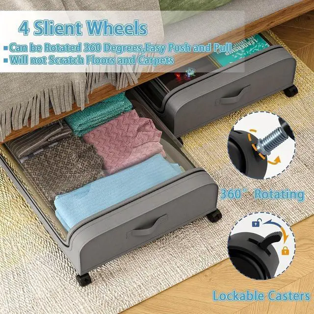 Alt view image 2 of 6 - OTAVILEM Under Bed Storage with Wheels, 2-Pack Under Bed Storage Containers with Clear Lids, Under Bed Shoe Storage Organizer, Rolling Under Bed Metal Drawer for Clothes,Toys (Grey, 2Pack)