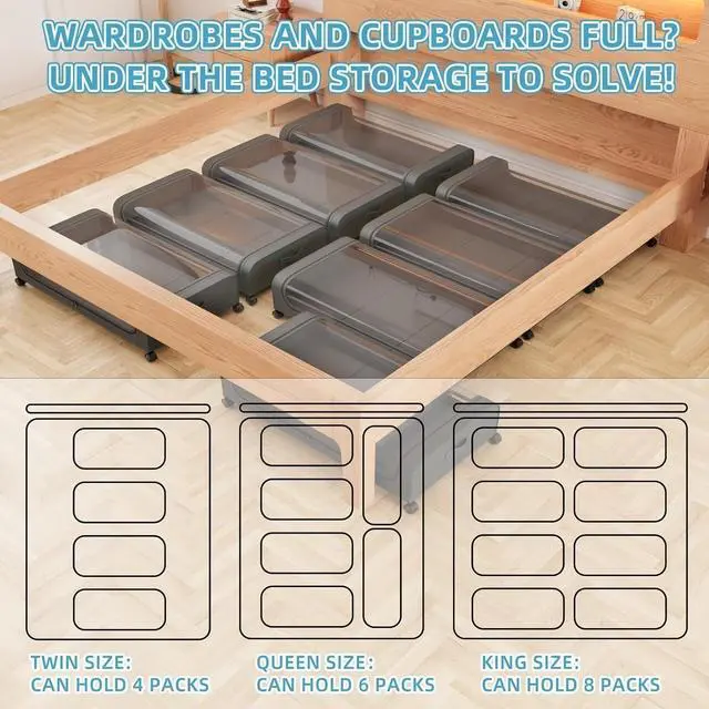 Alt view image 3 of 6 - OTAVILEM Under Bed Storage with Wheels, 2-Pack Under Bed Storage Containers with Clear Lids, Under Bed Shoe Storage Organizer, Rolling Under Bed Metal Drawer for Clothes,Toys (Grey, 2Pack)