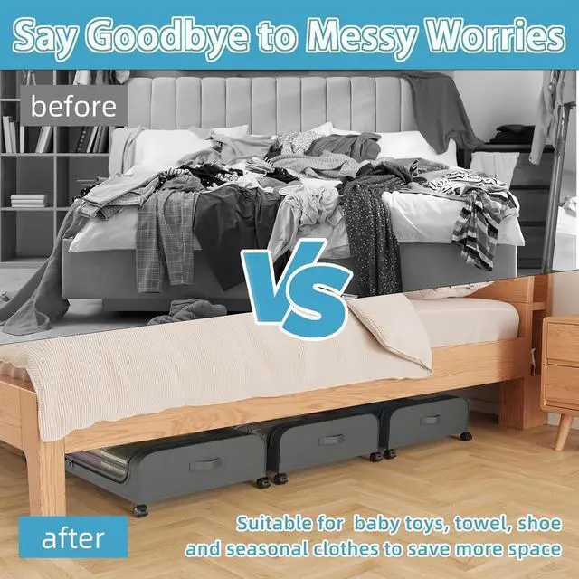 Alt view image 4 of 6 - OTAVILEM Under Bed Storage with Wheels, 2-Pack Under Bed Storage Containers with Clear Lids, Under Bed Shoe Storage Organizer, Rolling Under Bed Metal Drawer for Clothes,Toys (Grey, 2Pack)