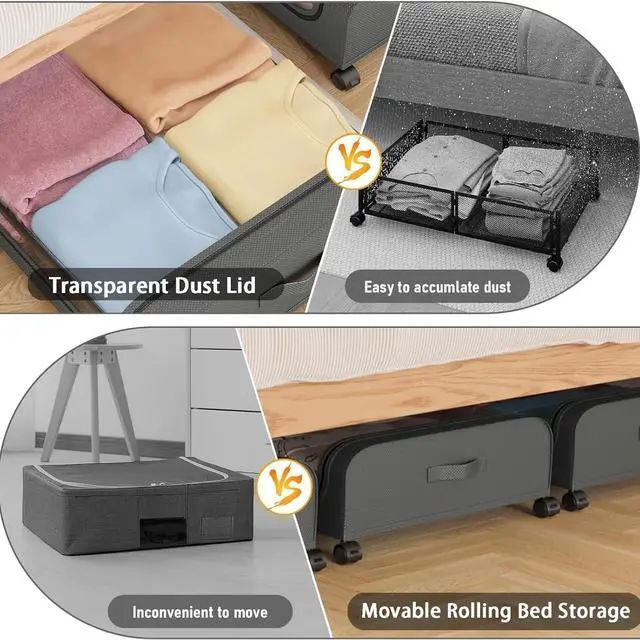 Alt view image 5 of 6 - OTAVILEM Under Bed Storage with Wheels, 2-Pack Under Bed Storage Containers with Clear Lids, Under Bed Shoe Storage Organizer, Rolling Under Bed Metal Drawer for Clothes,Toys (Grey, 2Pack)
