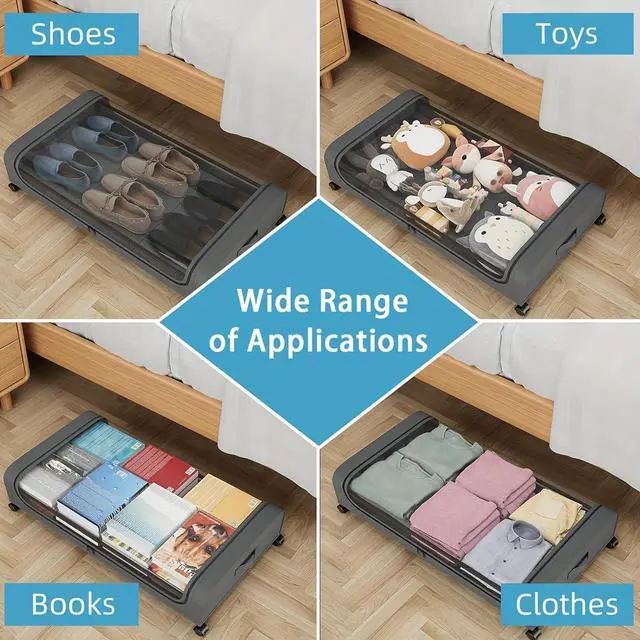 Alt view image 6 of 6 - OTAVILEM Under Bed Storage with Wheels, 2-Pack Under Bed Storage Containers with Clear Lids, Under Bed Shoe Storage Organizer, Rolling Under Bed Metal Drawer for Clothes,Toys (Grey, 2Pack)