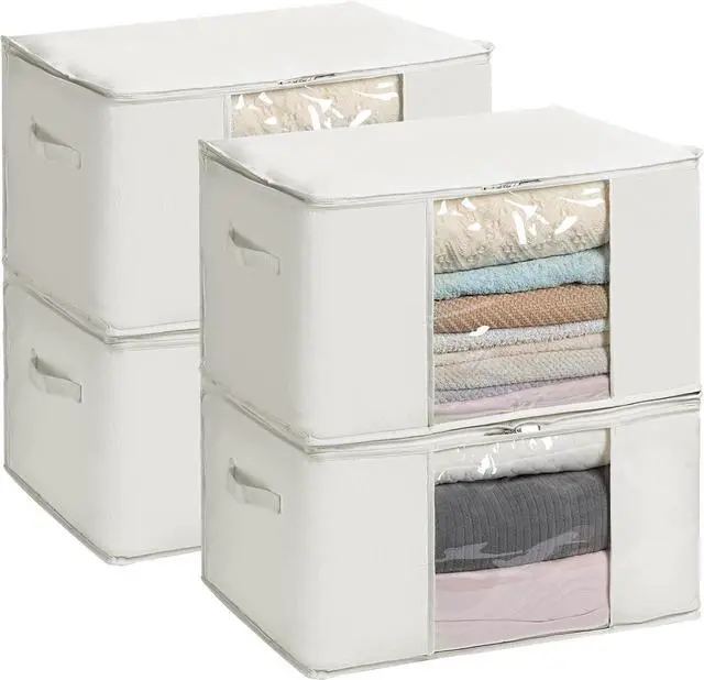 Main image of TYEERS Large Storage Bags with Zipper and Clear Window, Cotton Blended Fabric Storage Containers for Seasonal Clothes and Bedding, 23.6x15.7x13.8 Inches, 4-Pack, Beige