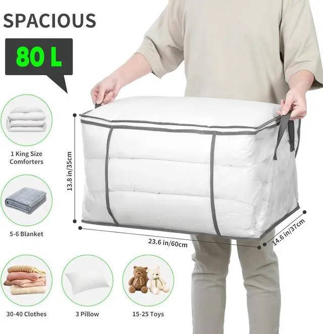 Alt view image 2 of 7 - [80L/4 Pack] Clear Large Clothes Storage Bags, Bed Sheet Blanket Storage Bags with Zipper, Closet Organizers and Storage for Clothes Quilt, Plastic Storage Bins for Comforters/Moving Supplies