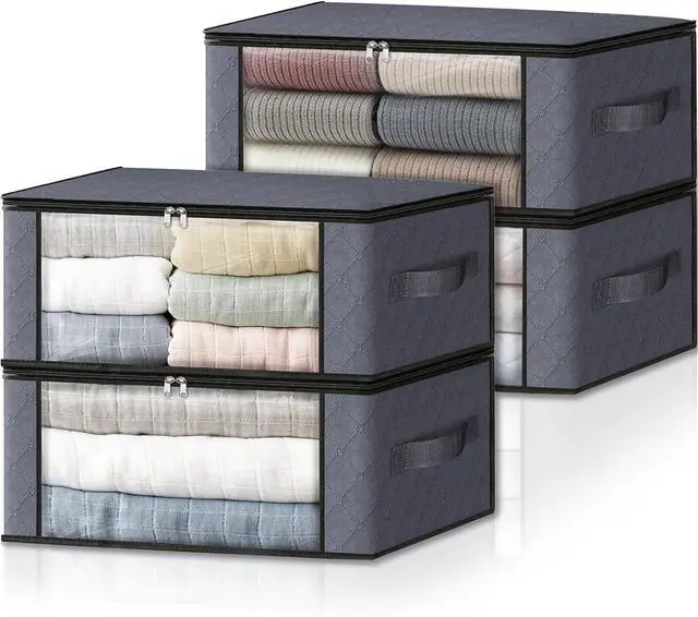 Main image of HomeHacks Storage 4-Pack Clothes Organizer Storage Bags Foldable Storage Box with Large Clear Window Sturdy Handles for Closet, Dorm, Pillows, Bedding, Clothes, Stuffed Toys, Blankets, Grey
