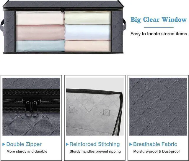 Alt view image 3 of 7 - HomeHacks Storage 4-Pack Clothes Organizer Storage Bags Foldable Storage Box with Large Clear Window Sturdy Handles for Closet, Dorm, Pillows, Bedding, Clothes, Stuffed Toys, Blankets, Grey