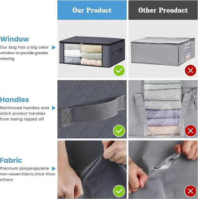 Alt view image 4 of 7 - HomeHacks Storage 4-Pack Clothes Organizer Storage Bags Foldable Storage Box with Large Clear Window Sturdy Handles for Closet, Dorm, Pillows, Bedding, Clothes, Stuffed Toys, Blankets, Grey